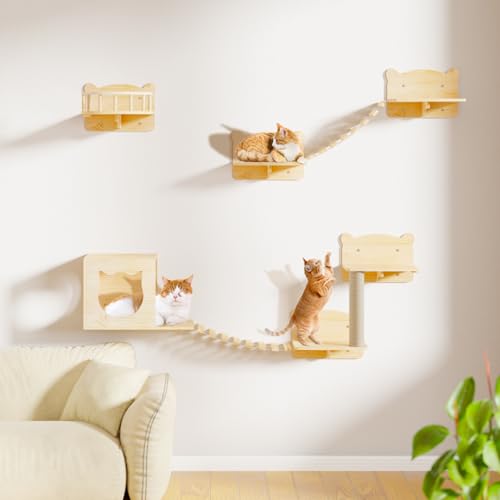 16 Pcs Pine Wooden Cat Wall Shelves with House I32275