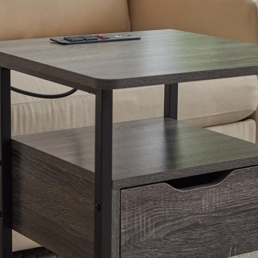 Grey Set of 2 Nightstand with Drawer and Charging Station Y151469