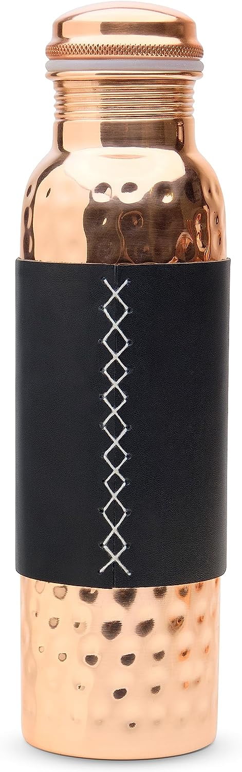 Copper Water Bottle with Copper Tumbler and Leather Sleeves U32416