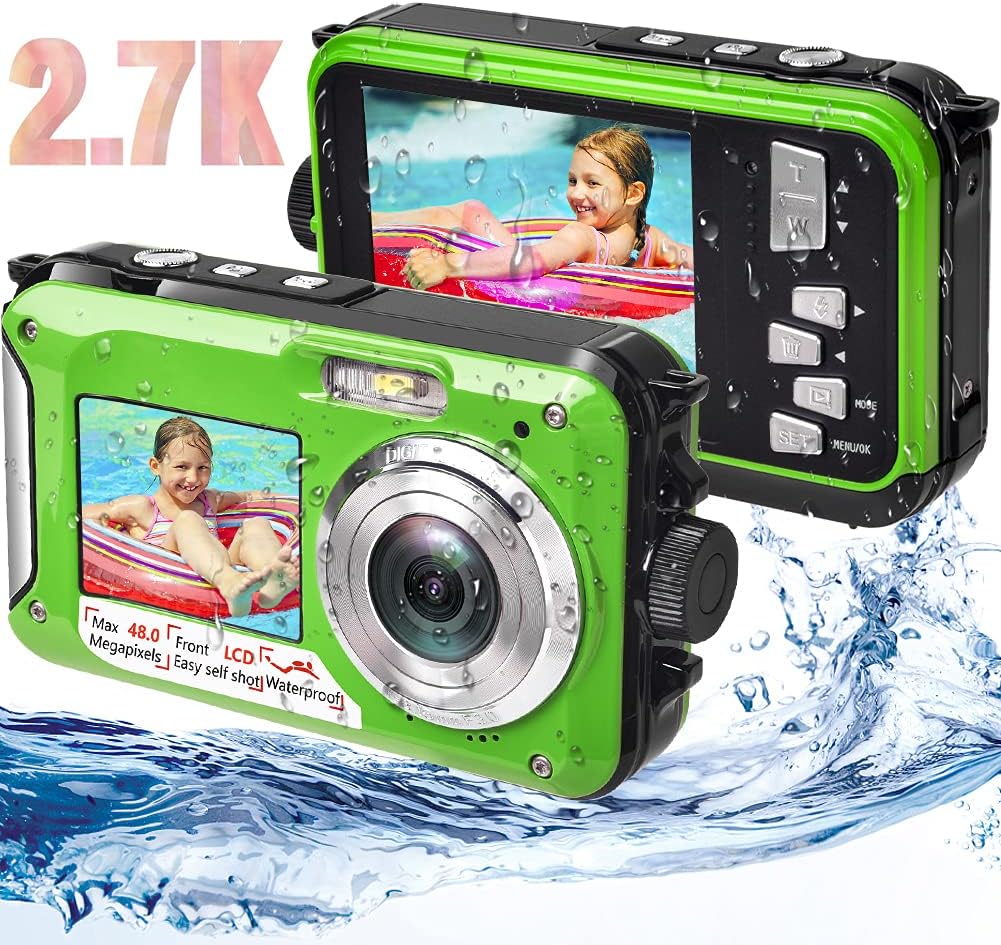 Green Waterproof Digital Camera 2.7K 48MP Dual Screen 16X Digital Zoom Flashlight Pack of 2 H3546