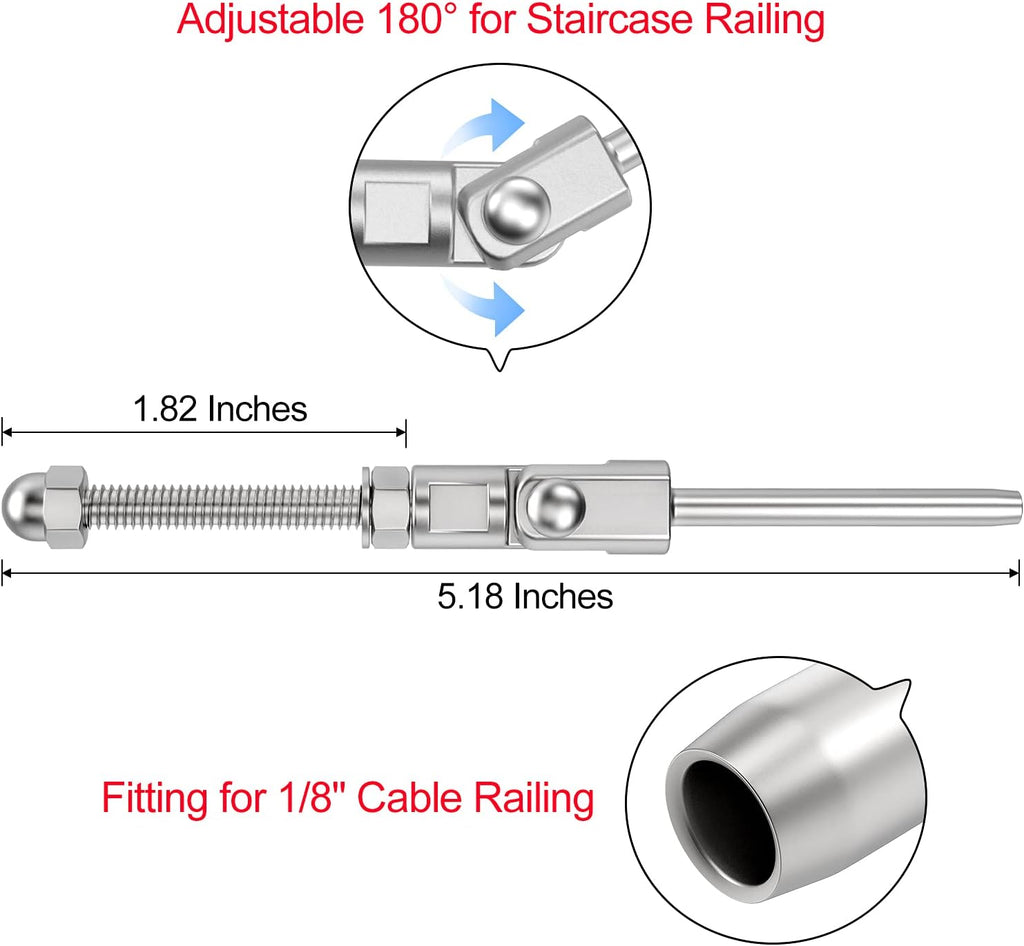20 Pack T316 Stainless Steel 180° Adjustable Angle Cable Railing Swage Threaded Stud Tension End Fitting for 1/8 Wire Rope Hardware Wood Post Pack of 2 I402664