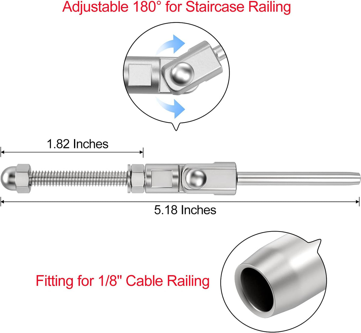 20 Pack T316 Stainless Steel 180° Adjustable Angle Cable Railing Swage Threaded Stud Tension End Fitting for 1/8 Wire Rope Hardware Wood Post Pack of 2 I402664