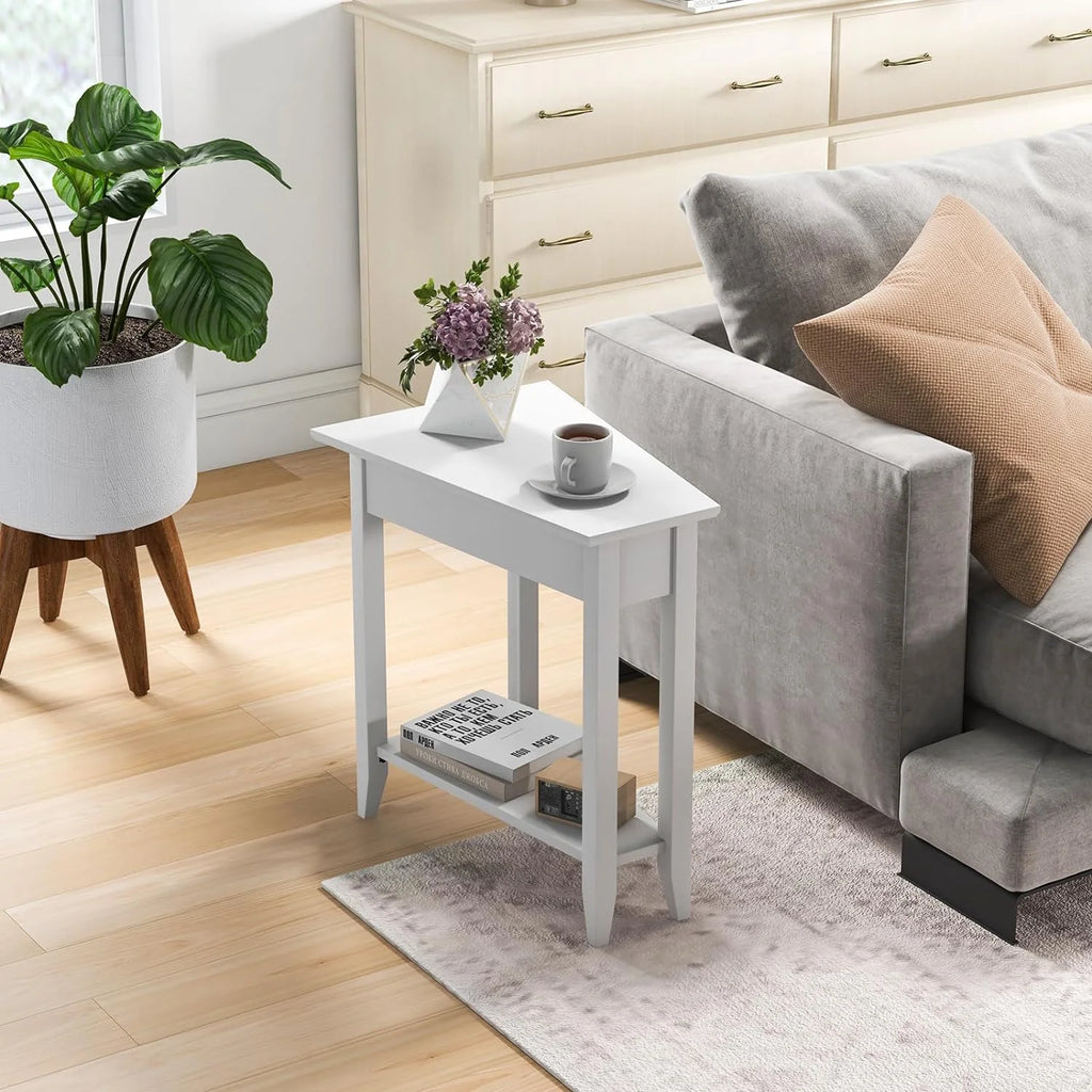 White Triangle Side Table with Storage Shelf and Solid Wood Legs V301