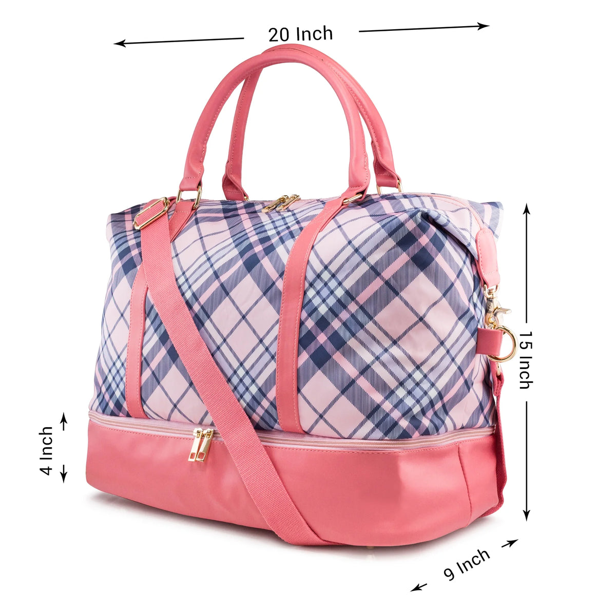 Pink Plaid Weekender Travel Duffle Bag with Shoe Compartment Q529874