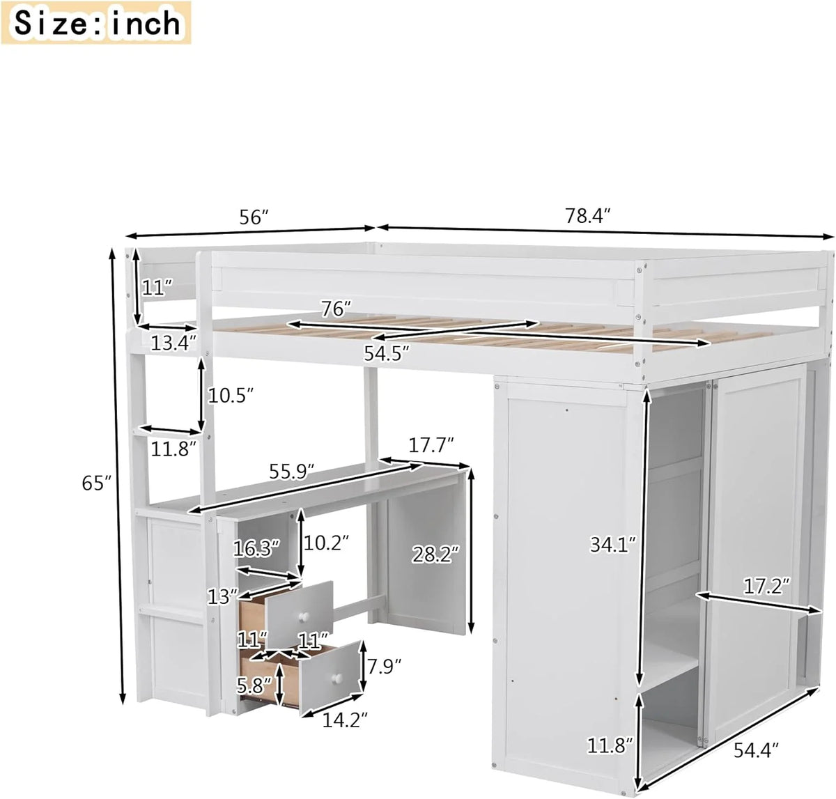 White Full Size Solid Wood Loft Bed with Wardrobes and Desk X825