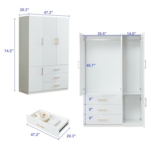 White 4 Doors 3 Drawers Wooden Closet Cabinet Wardrobe Armoire Z53826