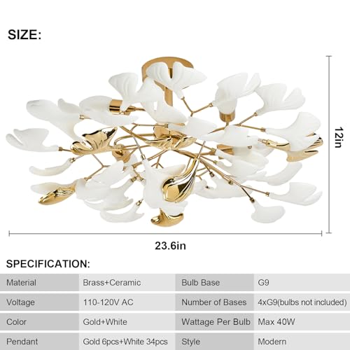 Gold Ceramic Ginkgo Leaf Semi Flush Mount Ceiling Light Fixture, 24" P7434