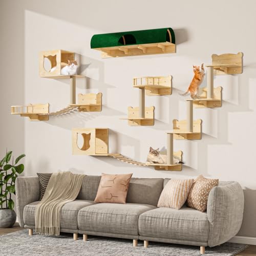 16 Pcs Pine Wooden Cat Wall Shelves with House I32275