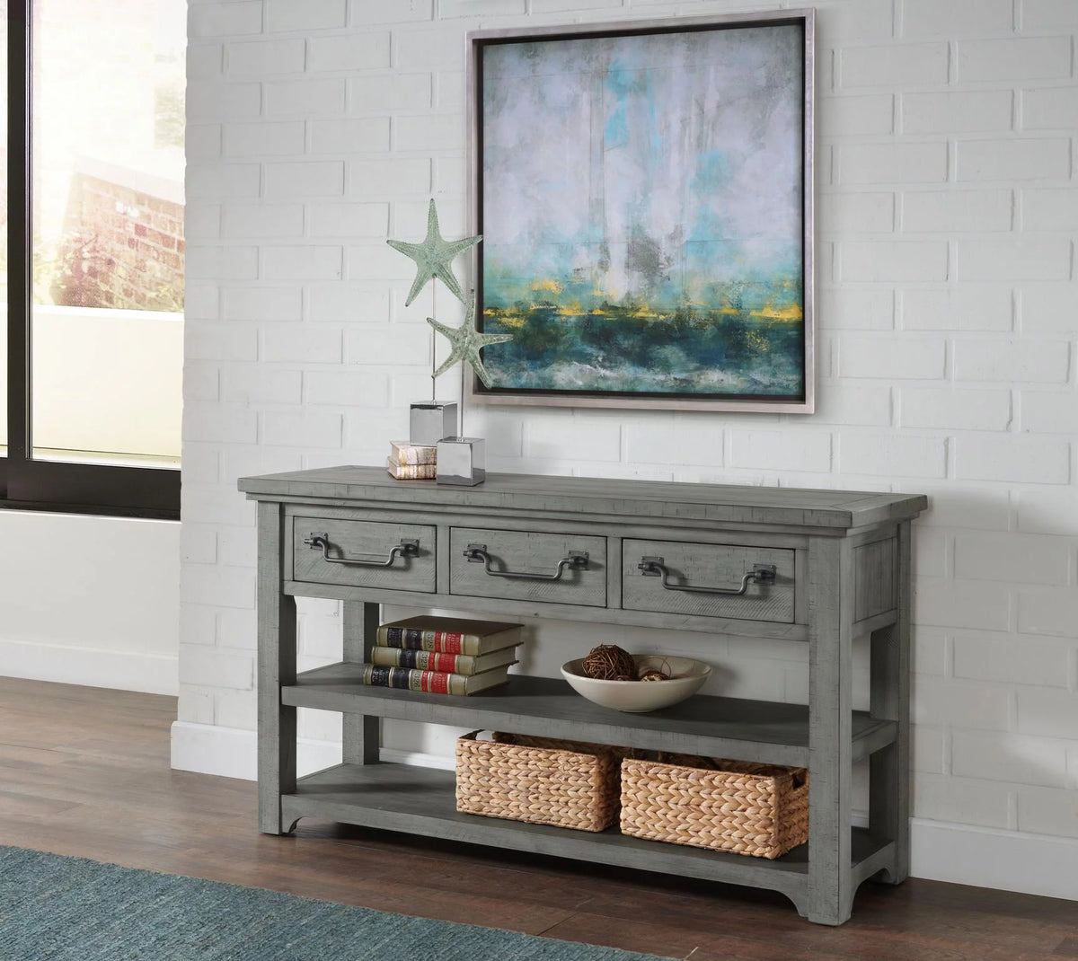 Dove Grey Solid Wood 3-Drawer Sofa Console Table V8609