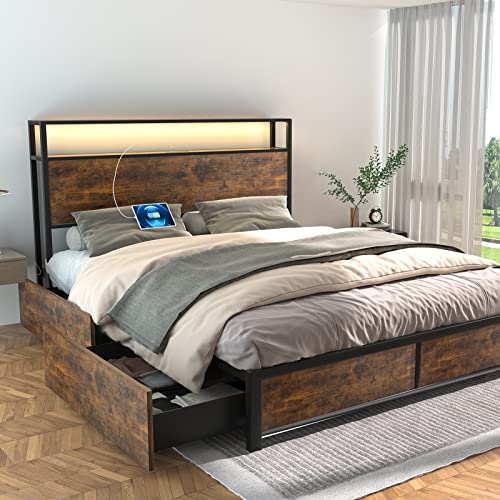 Full Size Metal Bed Frame with Storage Drawers, Rustic Brown Z5072