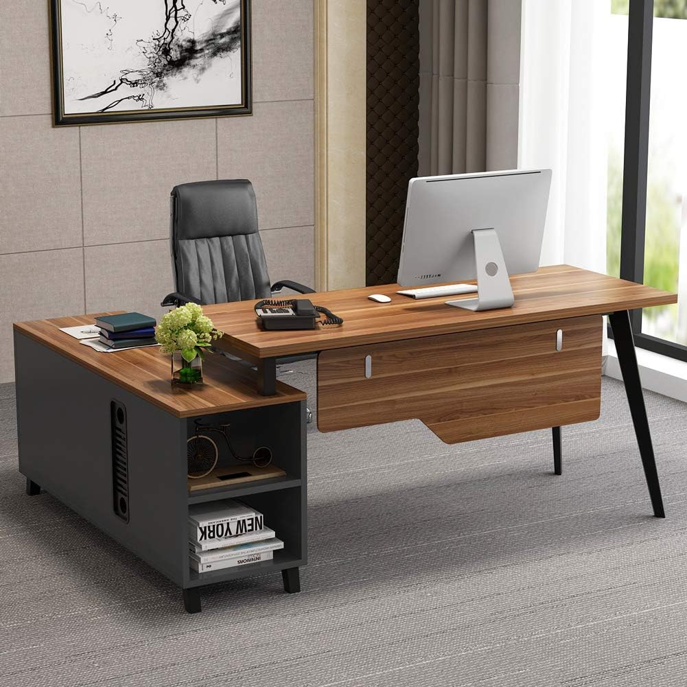 L-Shaped Desk with Storage Shelves and File Cabinet J4435