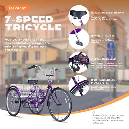 24 Inch Blue 7-Speed Adult Tricycle with Large Basket S322158