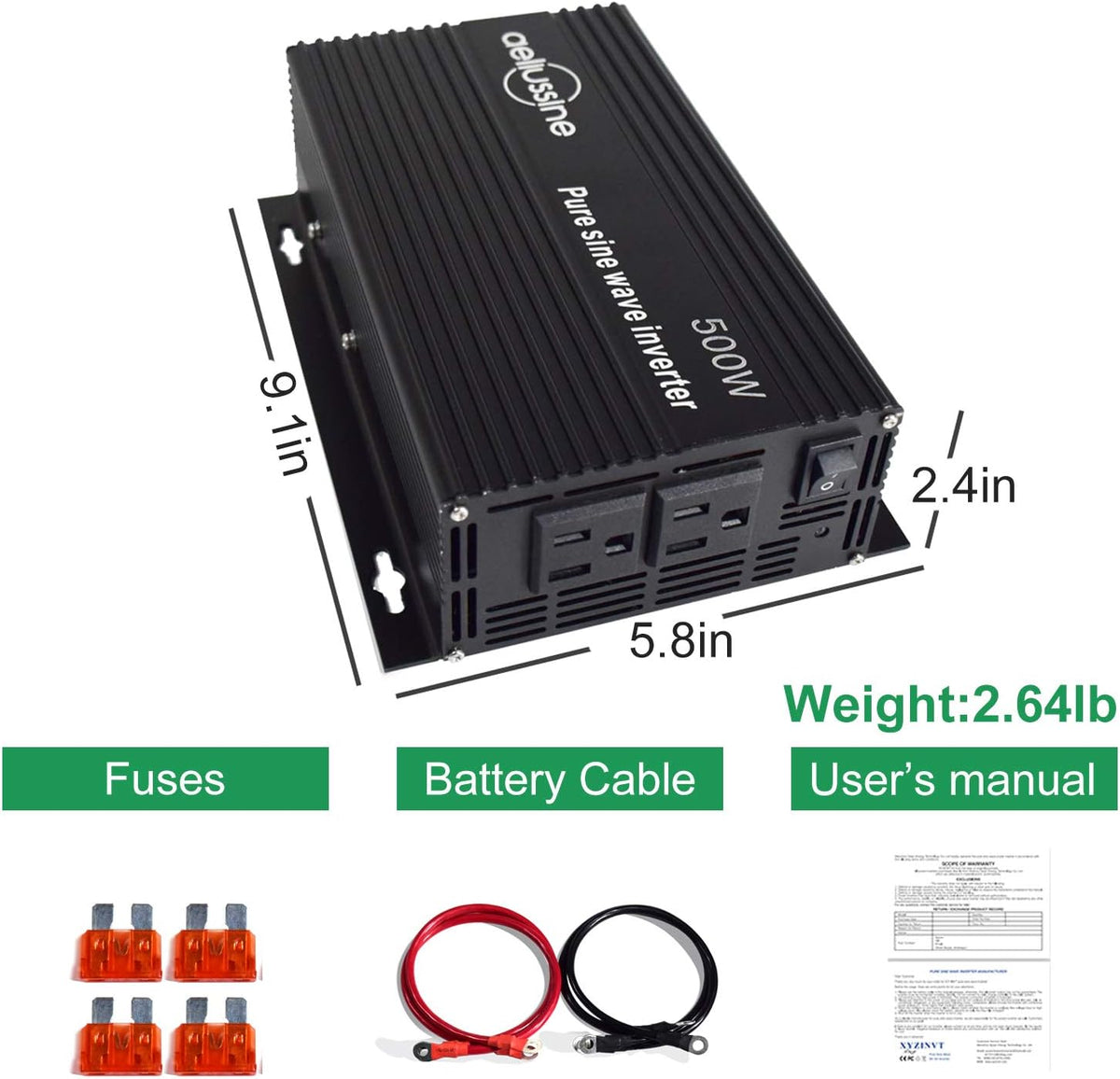 500 Watt Pure Sine Wave Inverter 12v to 110v 120v with 2 US Socket J92020