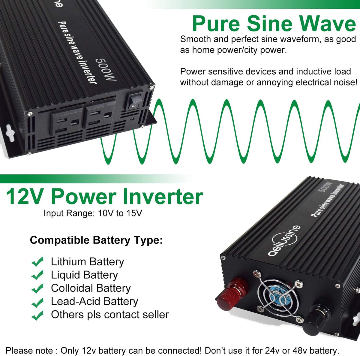 500 Watt Pure Sine Wave Inverter 12v to 110v 120v with 2 US Socket J92020