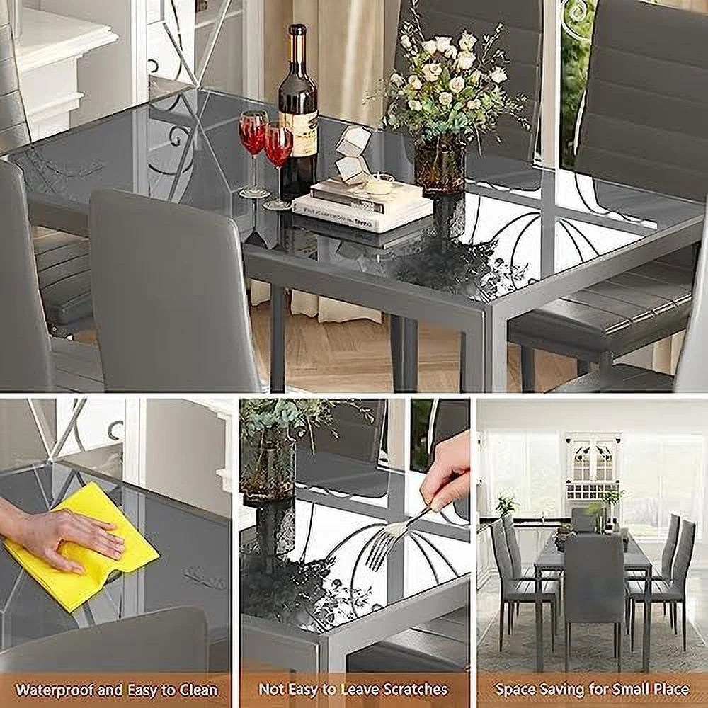 5 Piece Faux Marble Dining Table and PU Leather Chairs Set W491680
