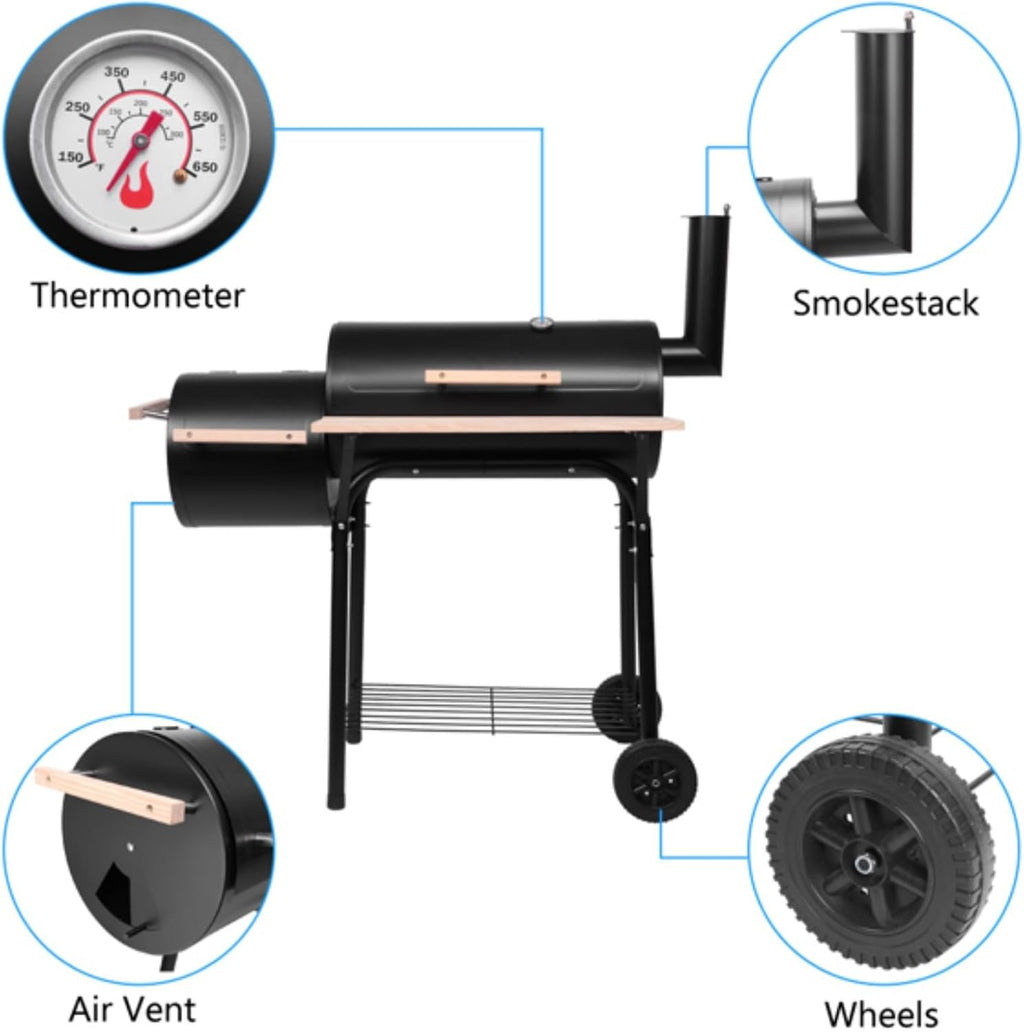 Charcoal Offset Smoker BBQ Grill with Wheels W541