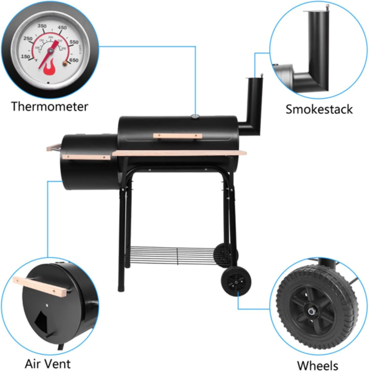 Charcoal Offset Smoker BBQ Grill with Wheels W541