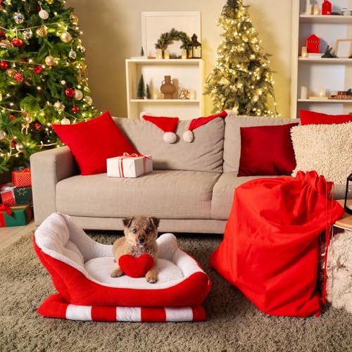 Red White 24x15x11 Inch Plush Synthetic Fur Christmas Dog Bed P36759