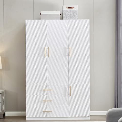 White 4 Doors 3 Drawers Wooden Closet Cabinet Wardrobe Armoire Z53826