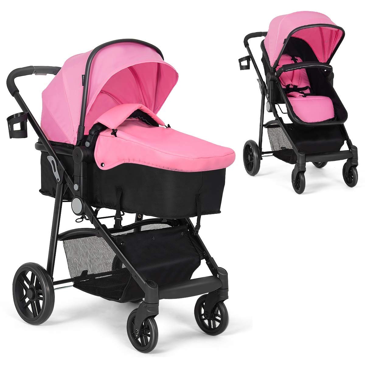 2 in 1 Convertible Bassinet Stroller with Cup Holder (Black) B74080