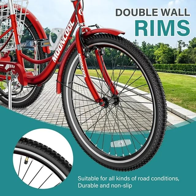 Adult Tricycles 7 Speed 20/24/26 Inch Three Wheel Bike Cruiser Trike with Low-Step Through Frame Large Basket T192