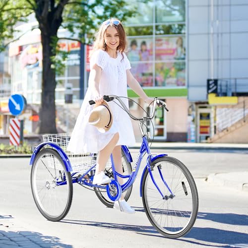 24 Inch Blue 7-Speed Adult Tricycle with Large Basket S322158