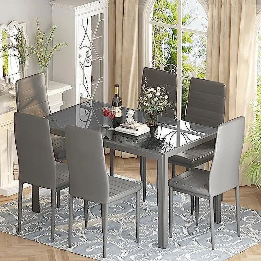5 Piece Faux Marble Dining Table and PU Leather Chairs Set W491680