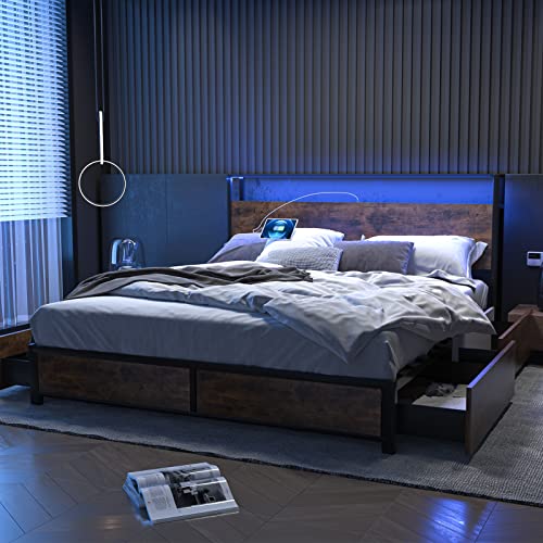 Full Size Metal Bed Frame with Storage Drawers, Rustic Brown Z5072