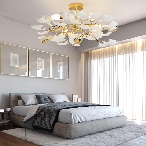 Gold Ceramic Ginkgo Leaf Semi Flush Mount Ceiling Light Fixture, 24" P7434