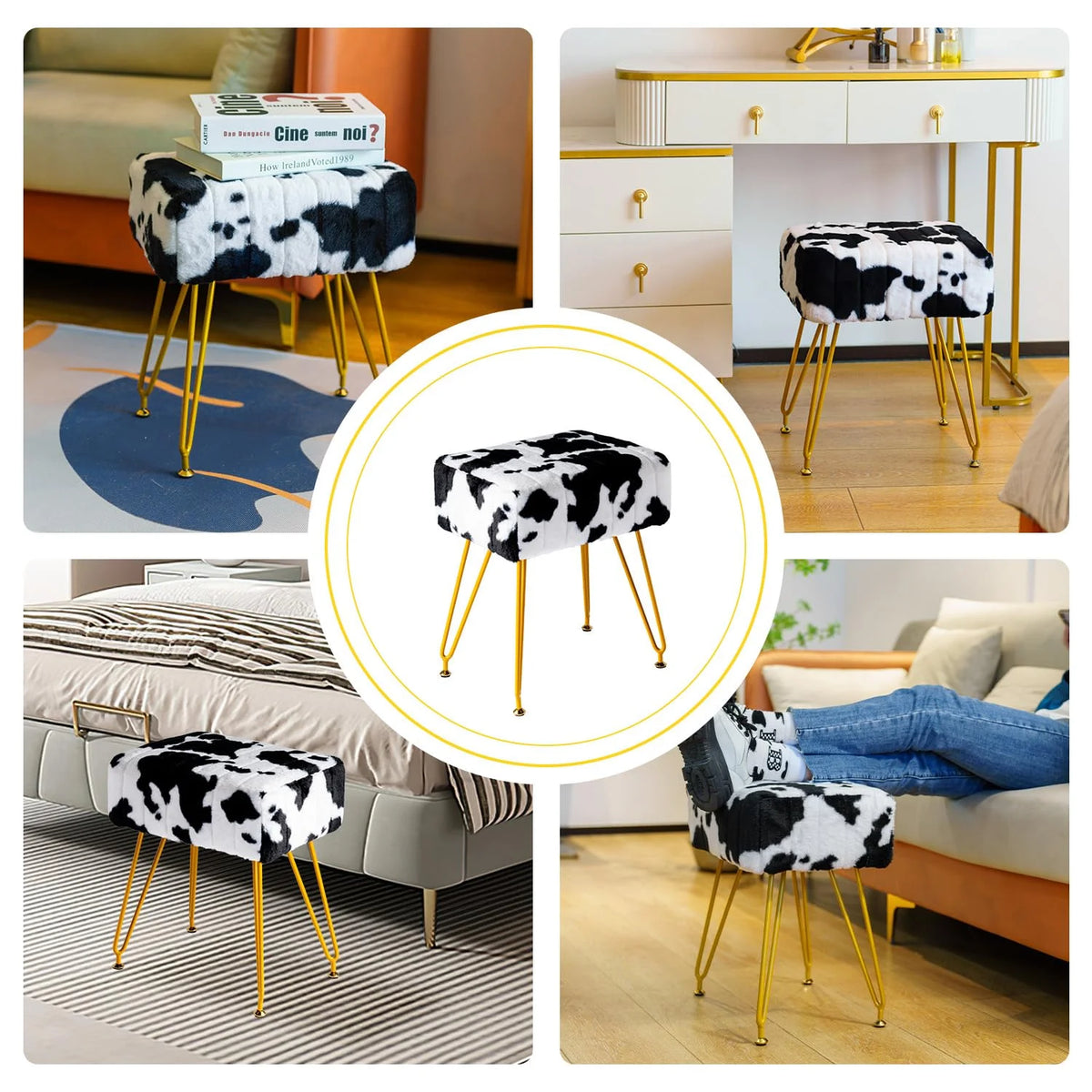 Faux Fur Vanity Stool with Golden Metal Legs B7023