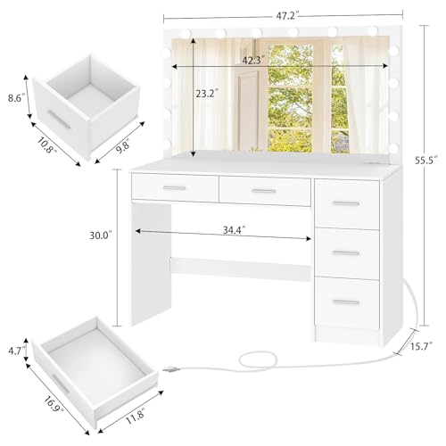 Black Makeup Vanity Desk with Mirror and 5 Drawers T193427