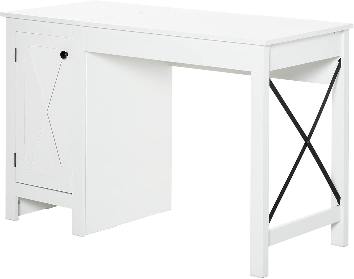 White Writing Desk with Lower Storage Cabinet and Metal Frame G79515