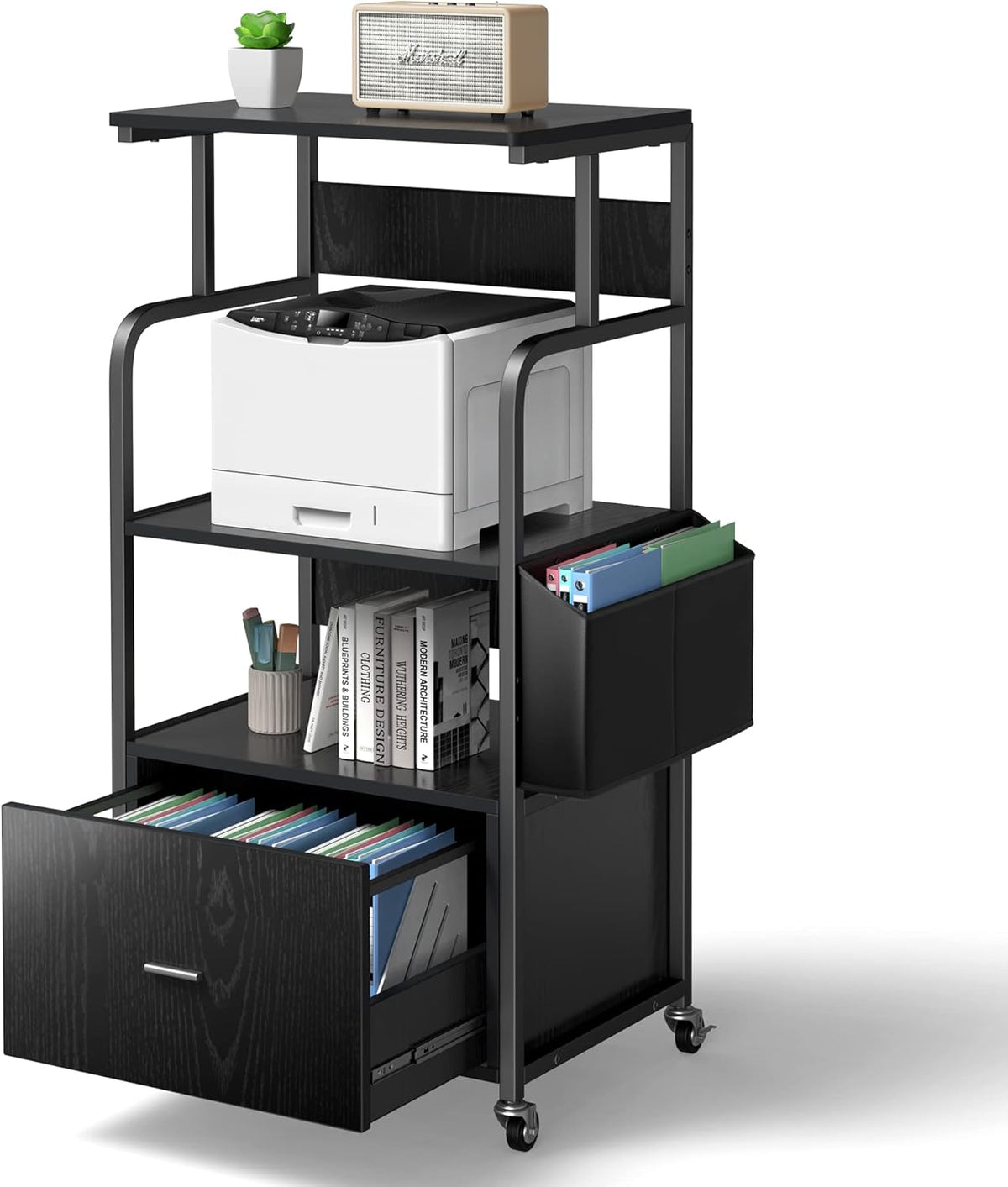 3 Tier Printer Stand with Drawer, Canvas Bag, Metal Hook, Lockable Casters N471