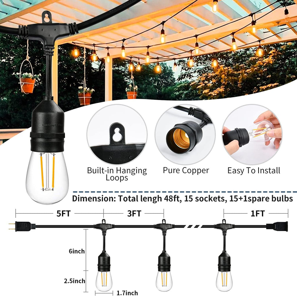 2 Pack 48FT LED Outdoor String Lights with 2W Dimmable Edison Shatterproof Plastic Bulbs M87286