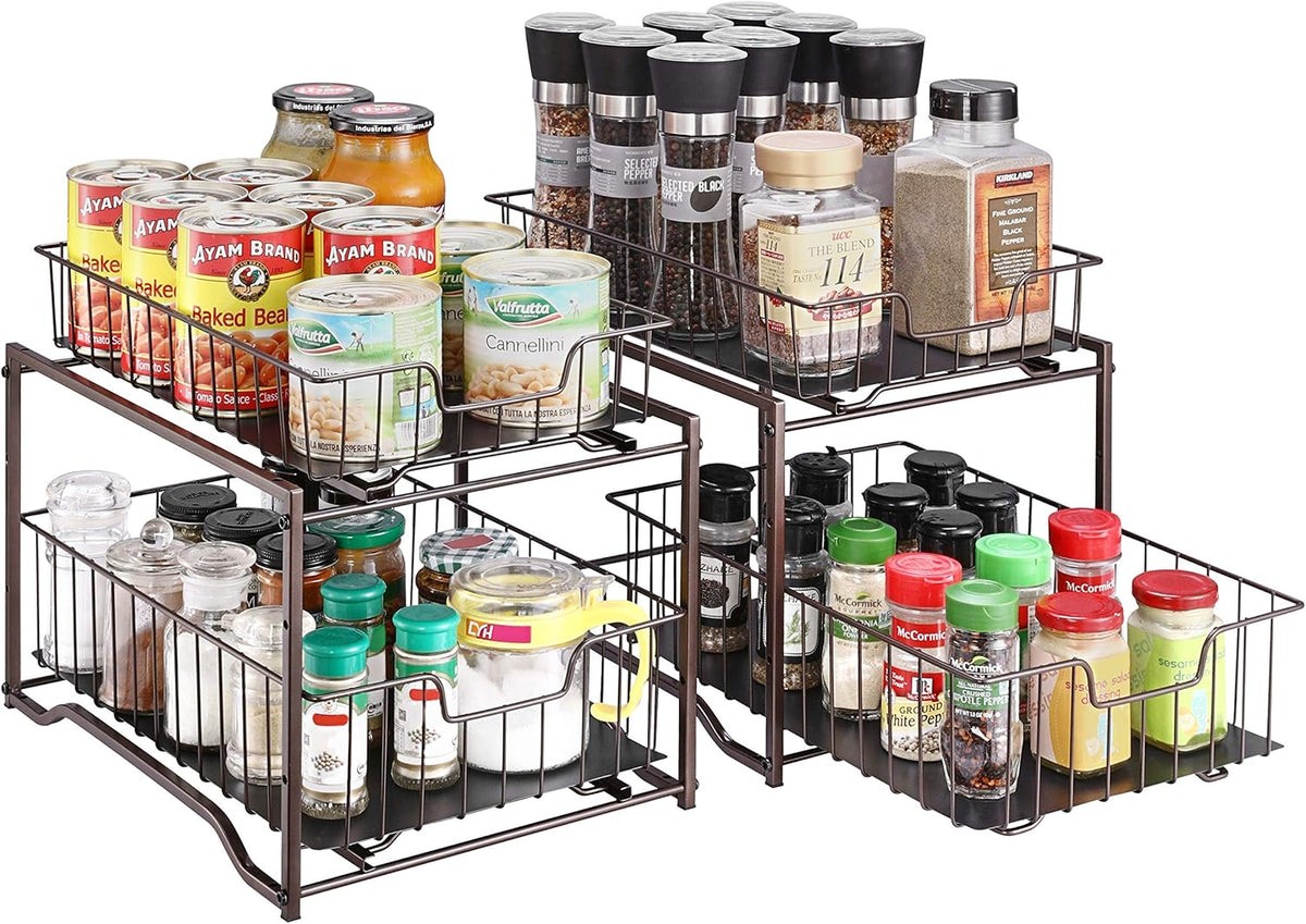 2 Pack Stackable 2-Tier Spice Rack with Sliding Storage Drawer, Rose Gold U713655