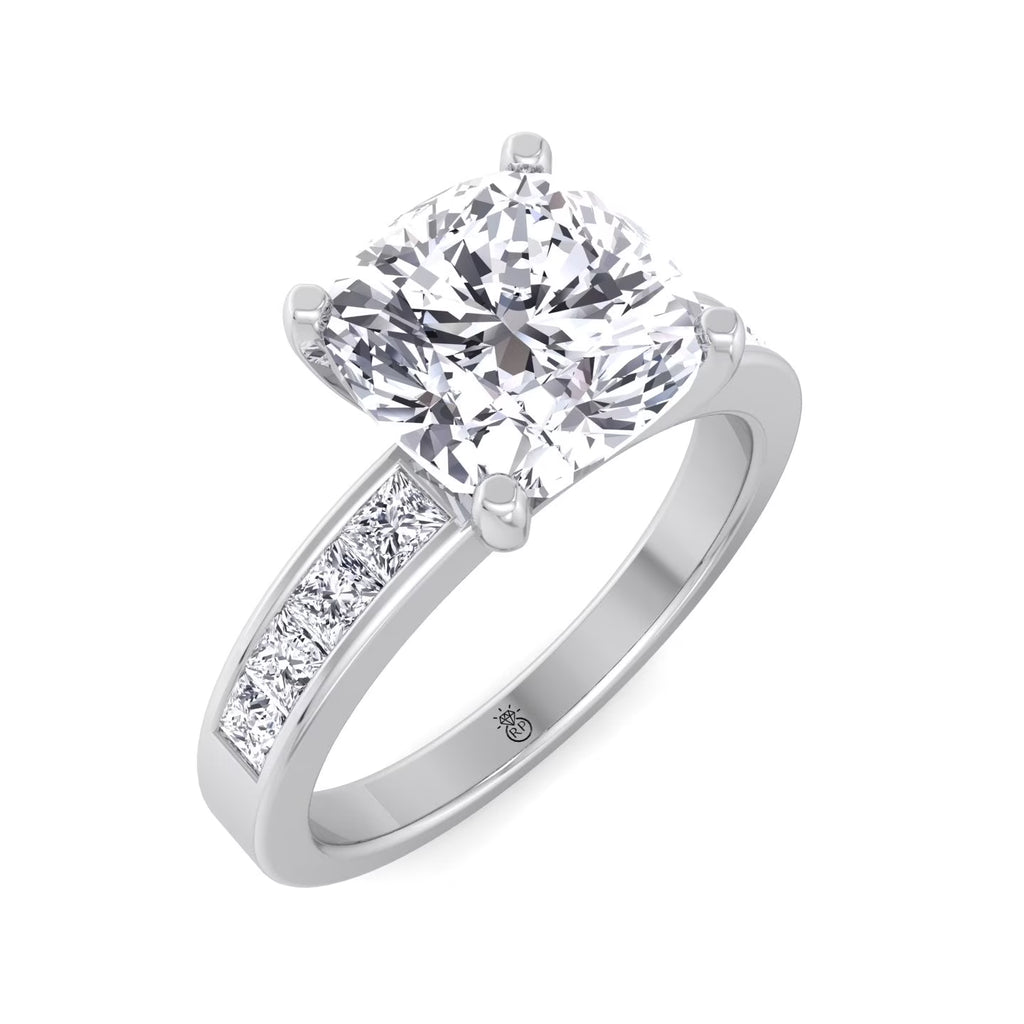 Moissanite Cushion Cut Lab Diamond Engagement Ring With Princess Cut Sidestones I6888