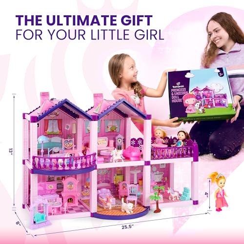 Pink and Purple Dollhouse with 4 Princesses, 4 Unicorns, Dog, Furniture and Accessories Y781005