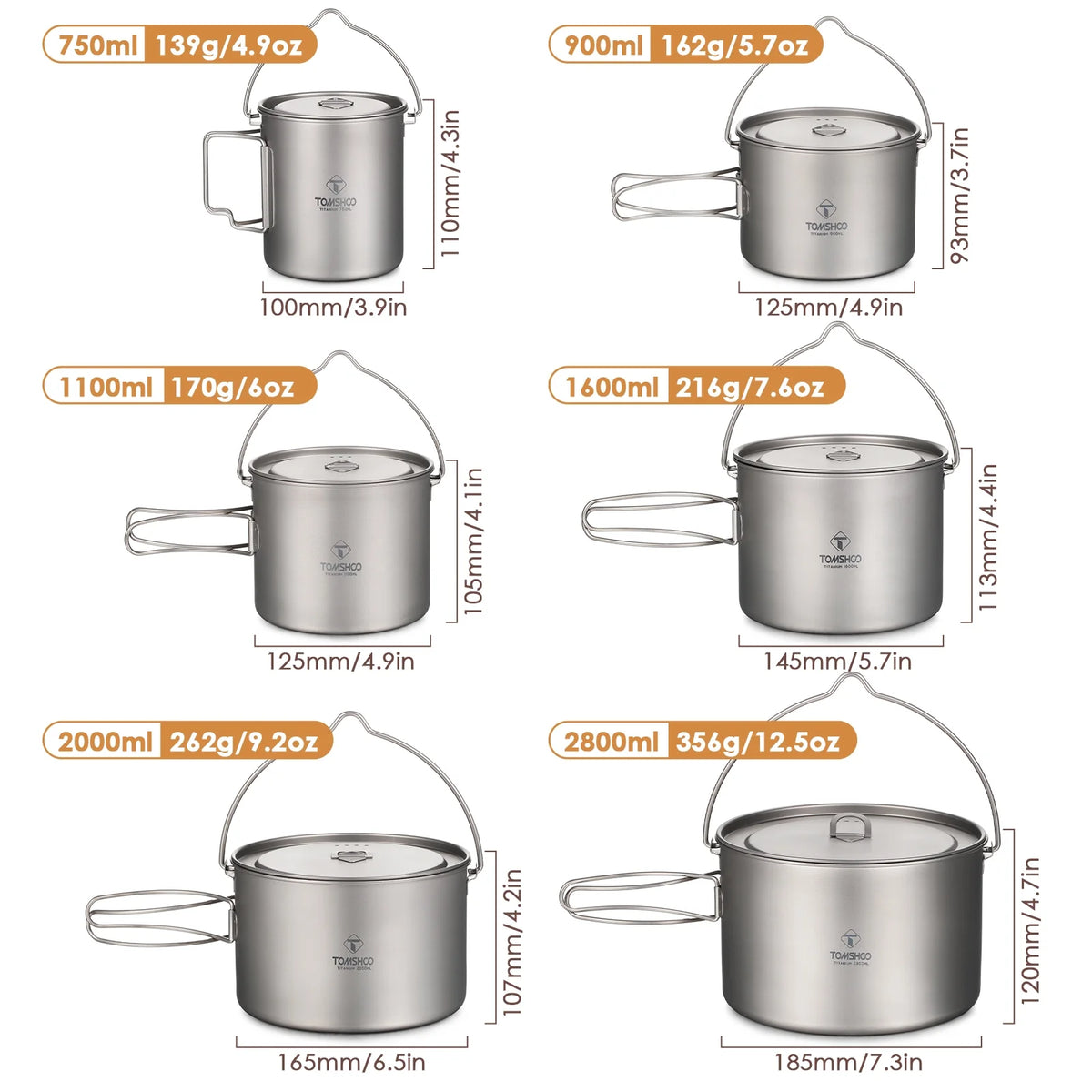 Titanium Hanging Pot for Camping 750ml/900ml/1100ml/1600ml/2000ml/2800ml N44597