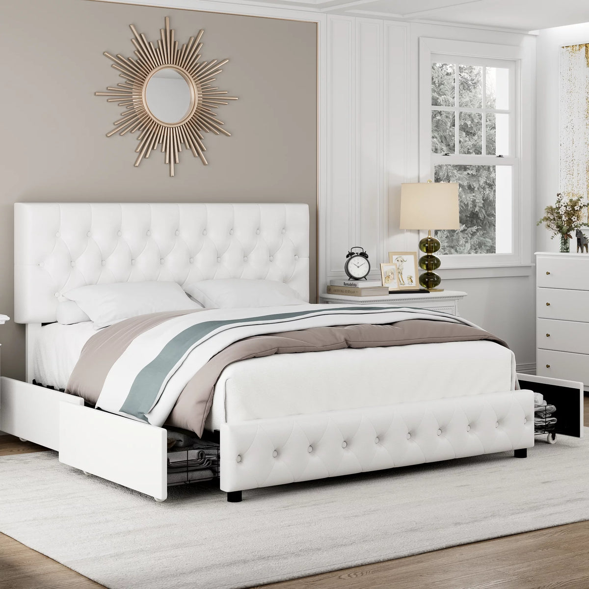 Queen Size Velvet Storage Bed with 4 Drawers W152042