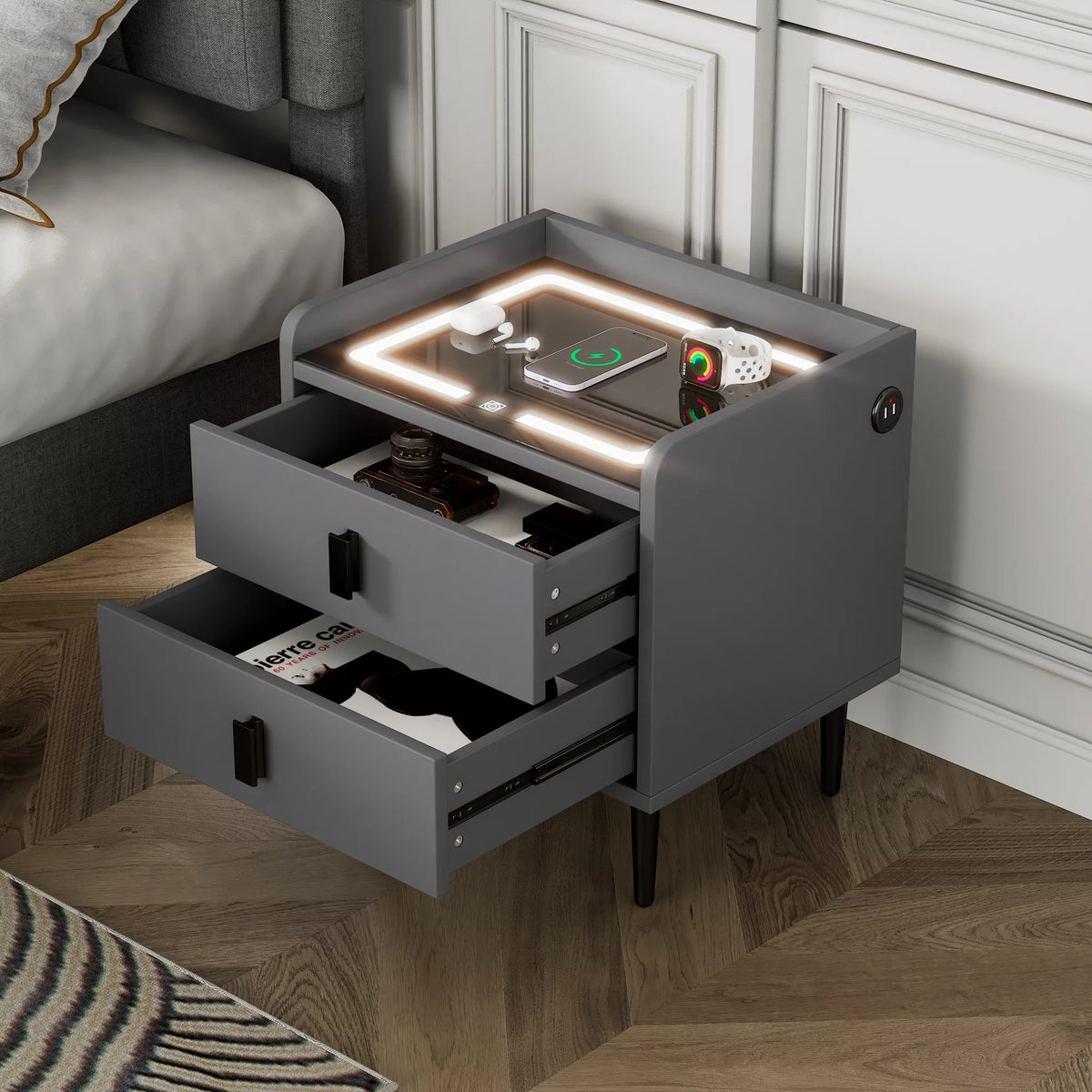 Gray Side Table with Wireless Charging Station U4190