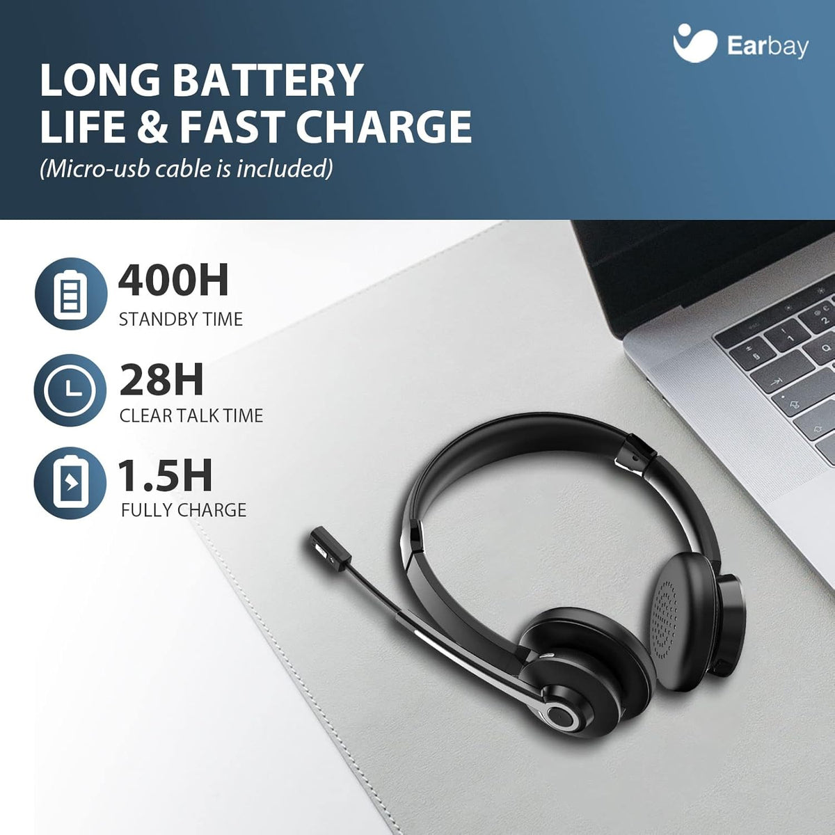 Wireless Bluetooth Headset with Microphone, Noise Cancelling, USB Dongle, On-Ear, Pack of 2 O4762