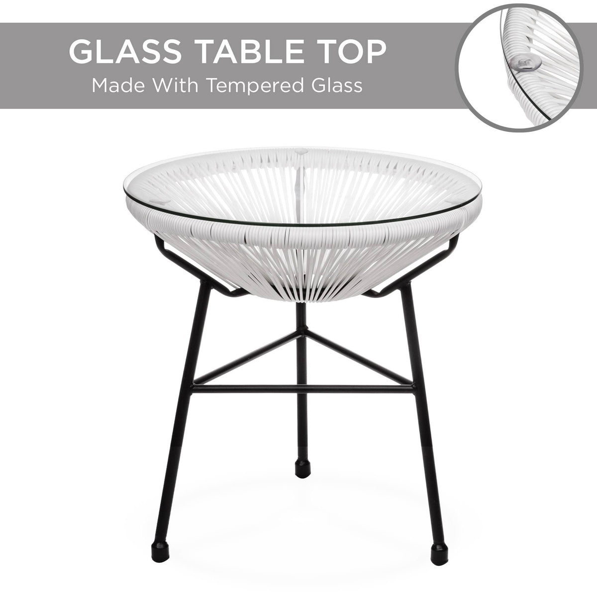 3-Piece All-Weather Patio Bistro Furniture Set with Rope Glass Top Table Q367