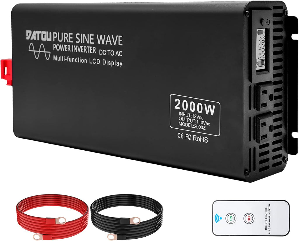 2000W Pure Sine Wave Power Inverter DC 12V to 110V AC with 2 AC Outlets H1835