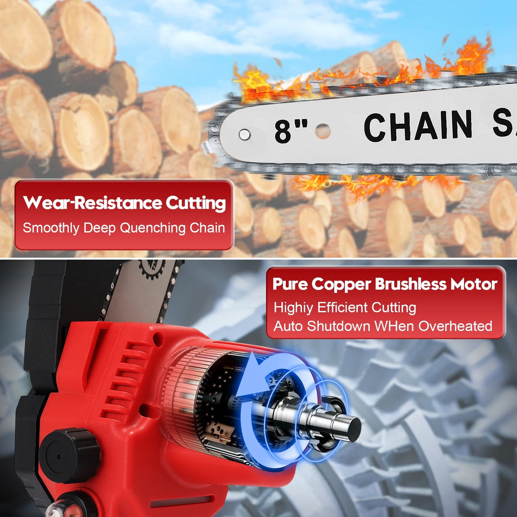 8 inch Cordless Mini Chainsaw with 2 Chains and 3.0Ah Battery X7362