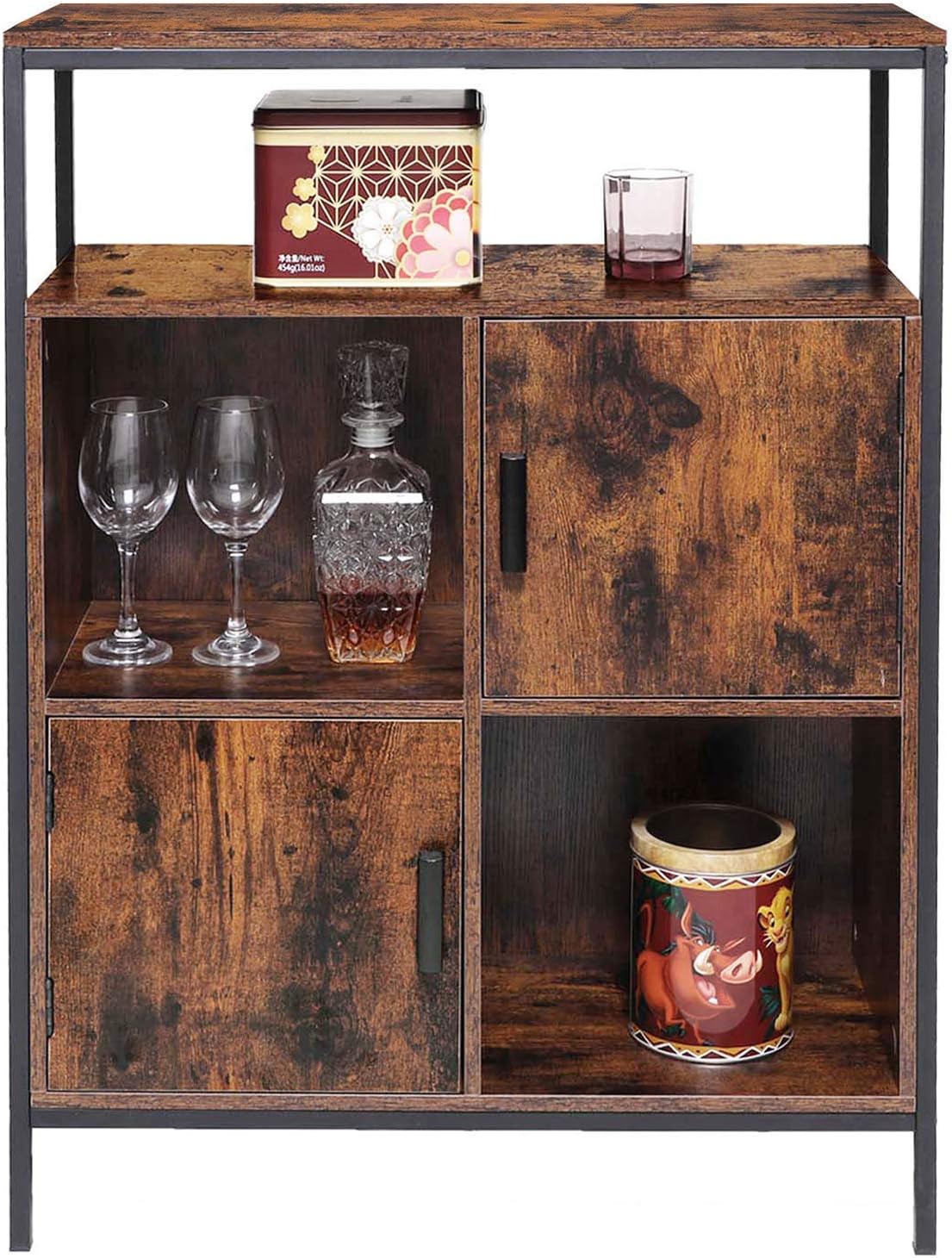 Rustic Brown Storage Cabinet with 2 Doors and Open Shelves C8042