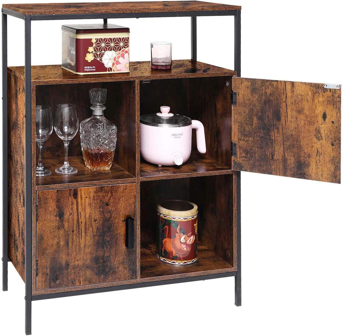 Rustic Brown Storage Cabinet with 2 Doors and Open Shelves C8042