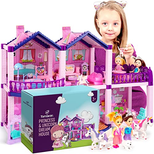 Pink and Purple Dollhouse with 4 Princesses, 4 Unicorns, Dog, Furniture and Accessories Y781005