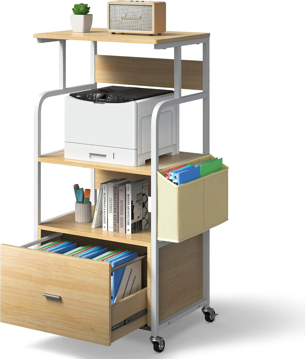 3 Tier Printer Stand with Drawer, Canvas Bag, Metal Hook, Lockable Casters N471