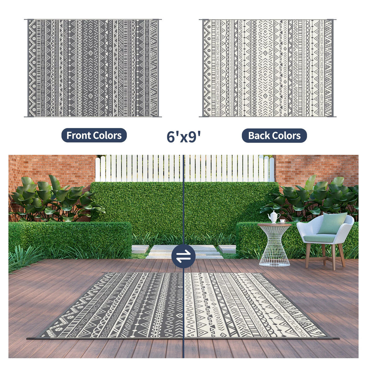 6x9ft Grey White Reversible Outdoor Rug G53050