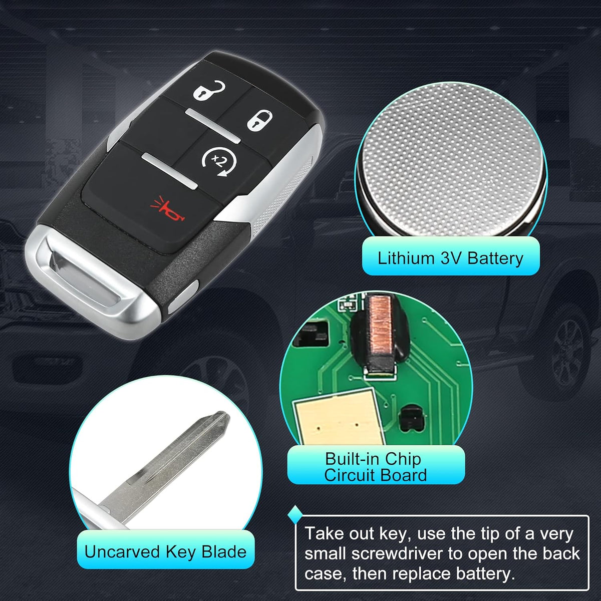 Replacement Keyless Entry Remote Car Key Fob 4 Buttons with Door Key B691